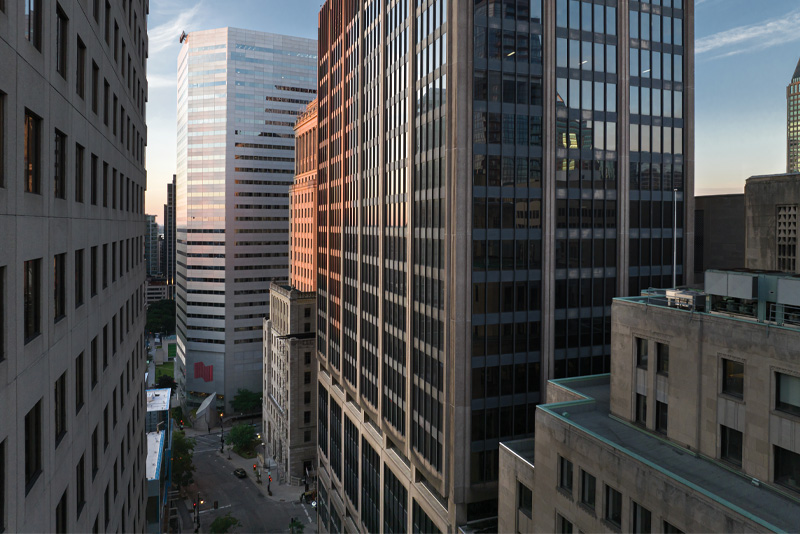 View between downtown Montréal buildings near 1080 Beaver Hall.
